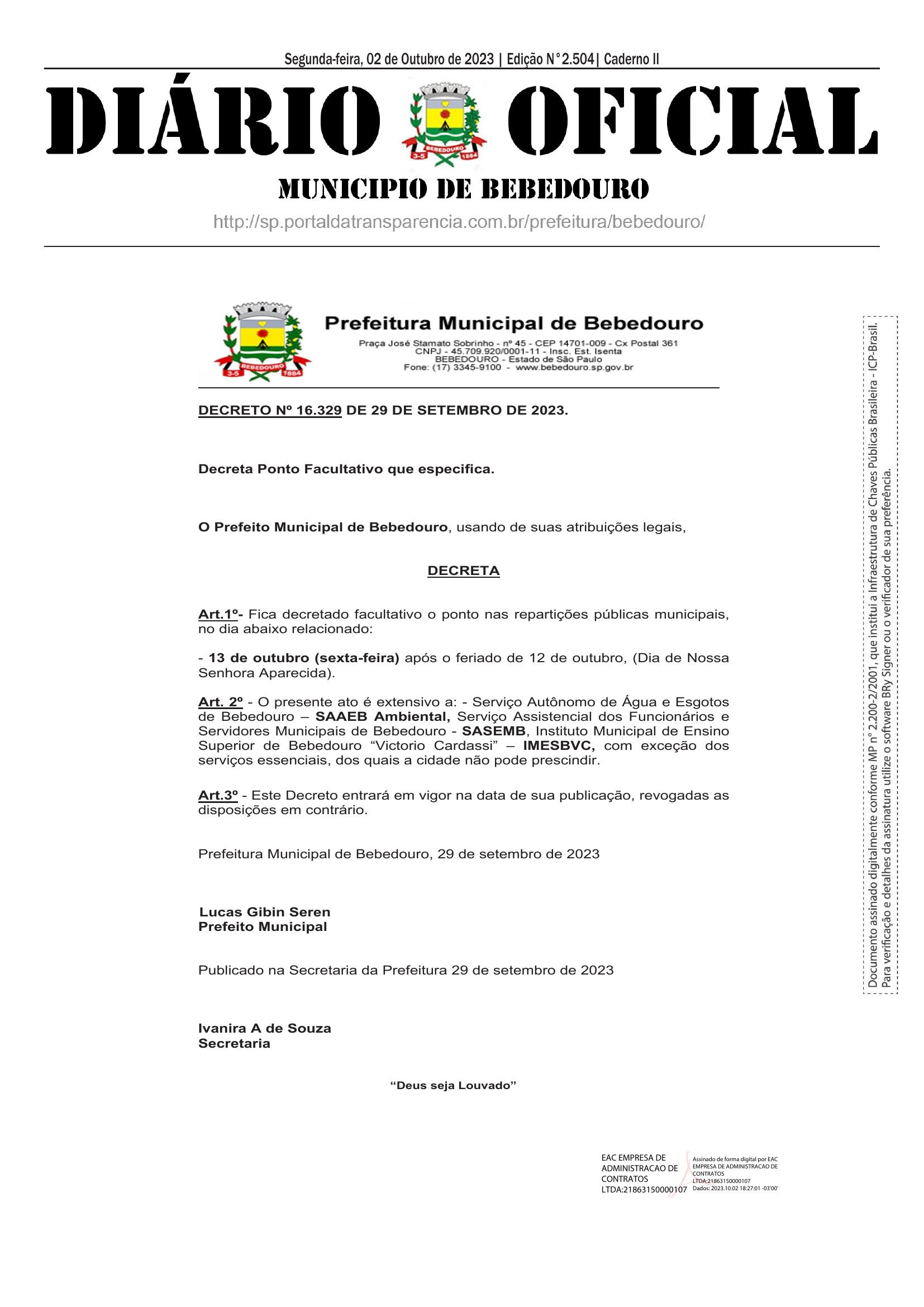 Bebedouro decreta ponto facultativo no dia 13 de outubro