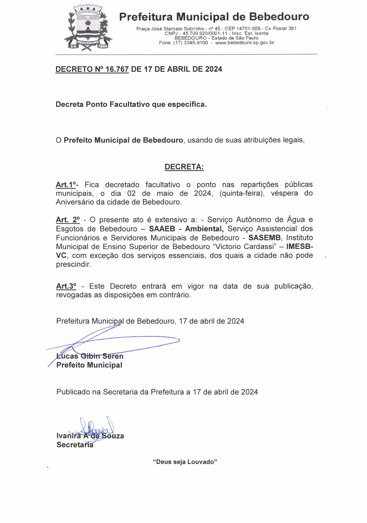 Véspera do aniversário da cidade de Bebedouro será ponto facultativo