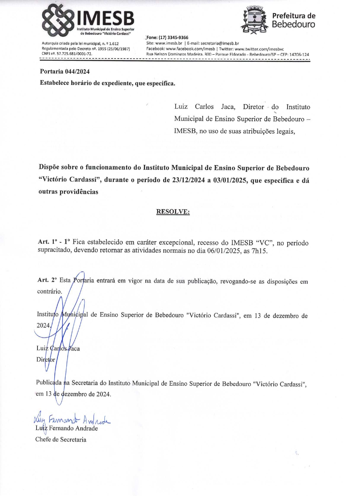 Comunicado de Recesso - Faculdade Municipal de Bebedouro