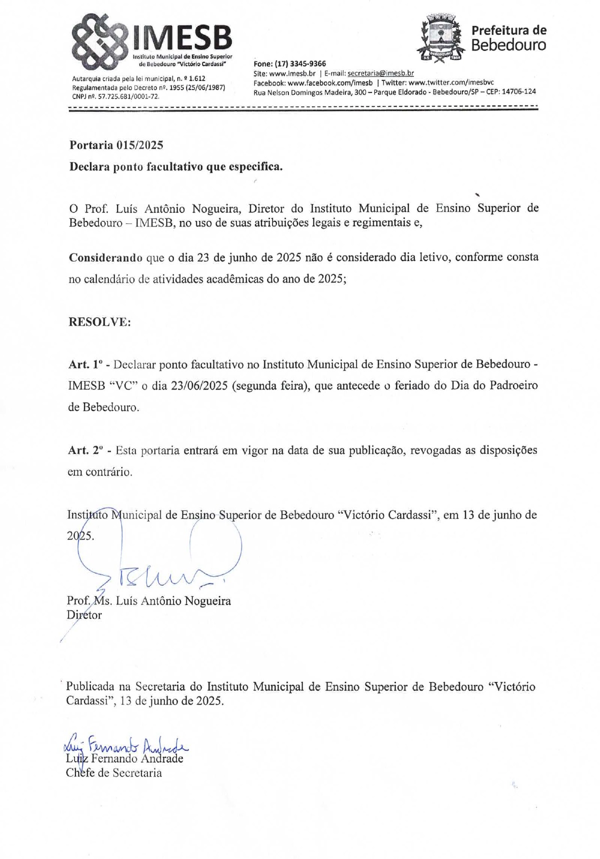 Ponto facultativo e feriado em razão de Corpus Christi e do Dia do Padroeiro