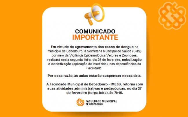 Comunicado - Nebulização e dedetização nas instalações do IMESB