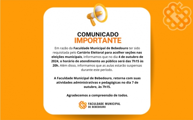 Aviso Importante sobre o Atendimento e Aulas no dia 4 de outubro